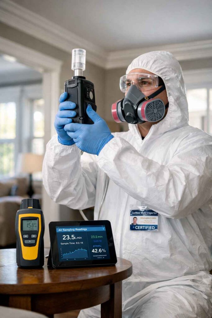 Professional mold inspector conducting air quality testing in Kansas City home