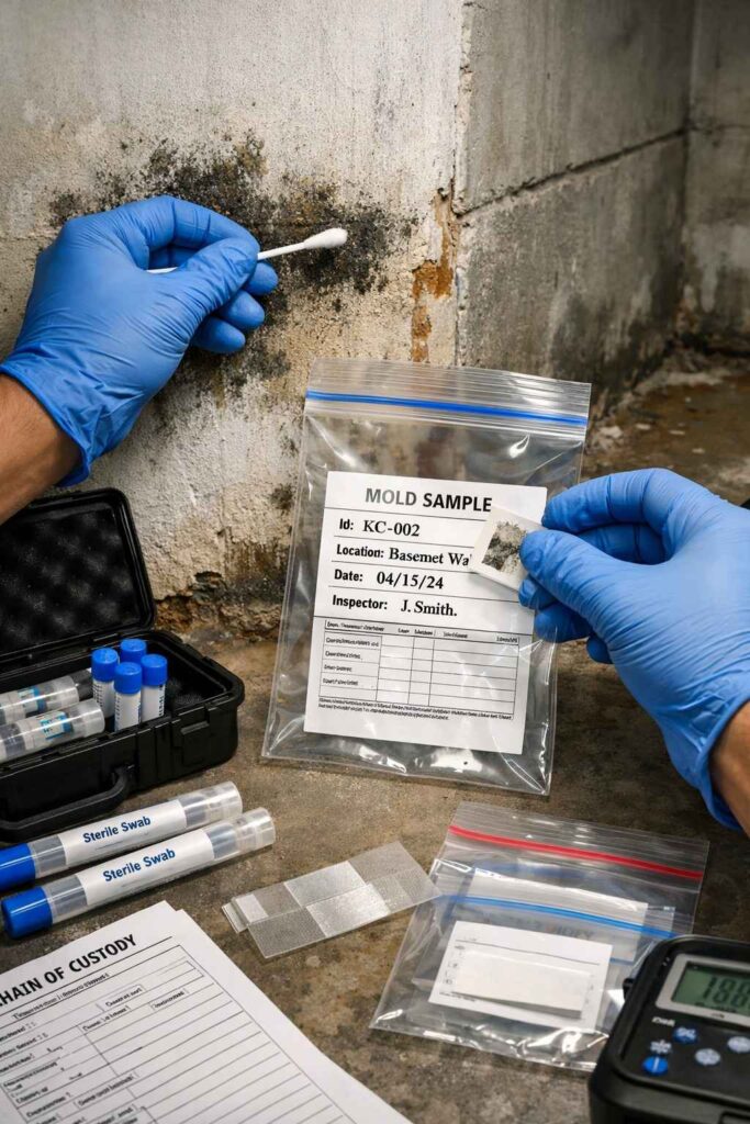 Certified technician collecting surface mold samples for laboratory analysis