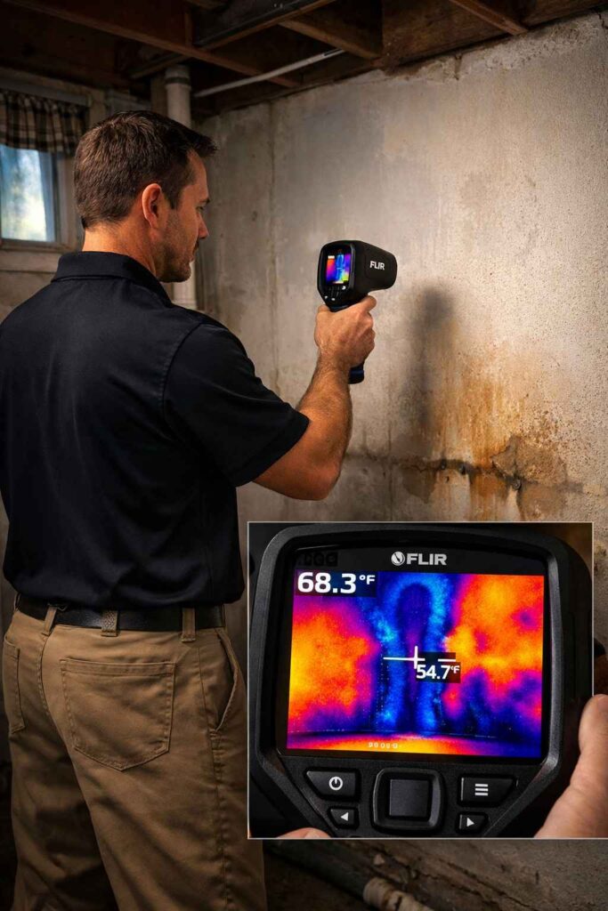 Thermal imaging camera detecting hidden moisture and mold in Kansas City property